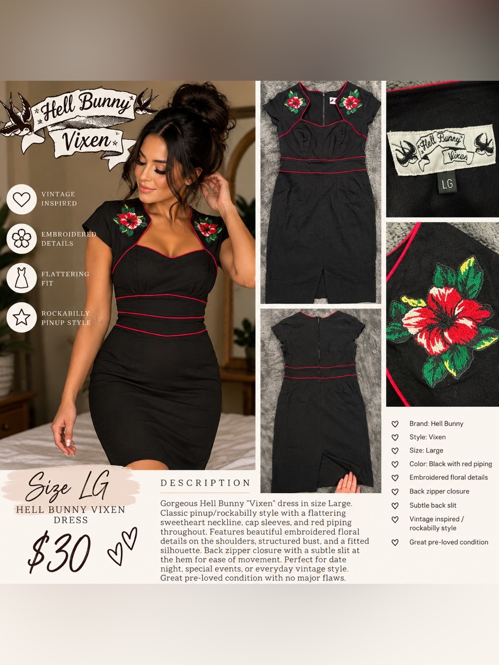 Hell Bunny Vixen Midi Dress in Black with Red Piping and Floral Embroidery